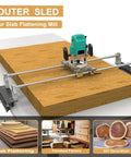 Slab Flattening Jig For DIY Woodworking With Height Adjustable L Carriages And Steel Aluminum Rails 48 Inch Length Heavy Duty Build For Fast Smooth Slab Flattening Right In Your Shop displayed on a wooden slab.