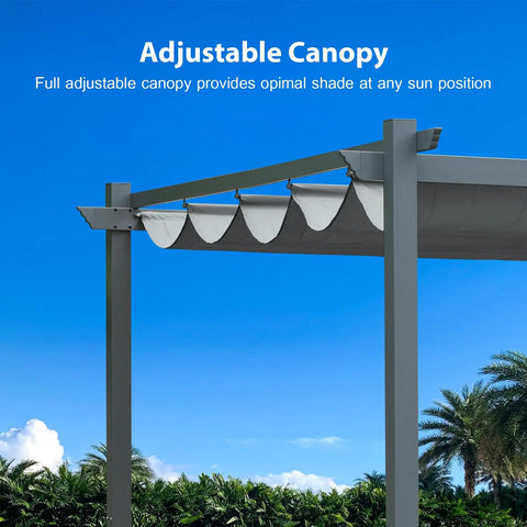 10 By 10 Ft Outdoor Pergola With Retractable Shade Canopy Matte Aluminum Frame Four Roller Shade Curtains Grape Trellis For Patio Backyard Garden Or Deck Grey showcasing adjustable canopy against blue sky.