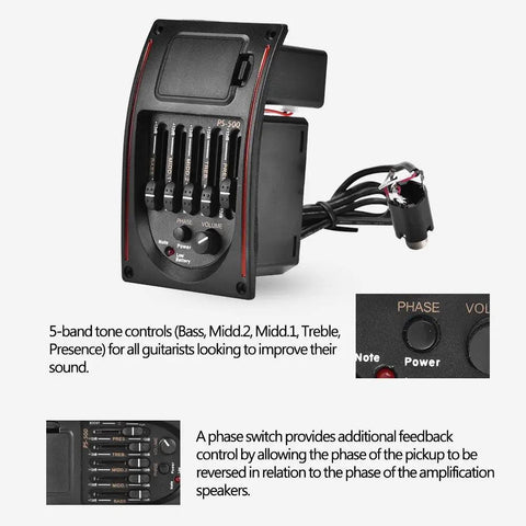 Acoustic Guitar Preamp With Piezo Pickup, 5 Band EQ, Digital Tuner, Onboard Volume, And Loudness Contour in black casing