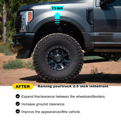 Tough As Nails 2.5 Inch Front Leveling Kit For Ford F250 F350 Super Duty 4WD 2005 Through 2024 shown on truck with lifted front end.