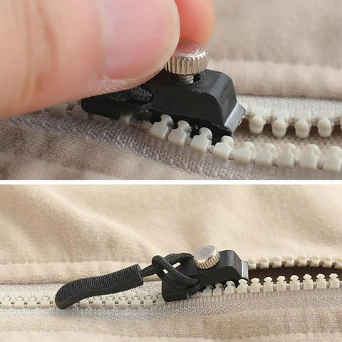Zipper Pull Repair Kit For Clothing Backpacks Tents And Outdoor Gear Durable Black Plastomer Pulls in use on a beige zipper