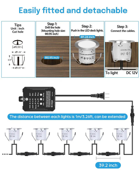 Installation diagram of All In One Low Voltage Deck Lights Kit with transformer showing steps and measurements.