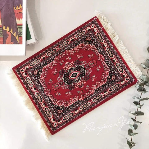 Oriental Carpet Style Dope Mouse Pad For Wireless Mice 28 By 18 Cm Desk Mat In Red Retro Rug Pattern with fringed edges