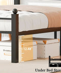 Top Shelf Black Metal Full Bed Frame With Headboard And Steel Slat Base Built Like A Tank For Solid Stability Plus Deep Under Bed Storage, showcasing 12.48" clearance for storage boxes.