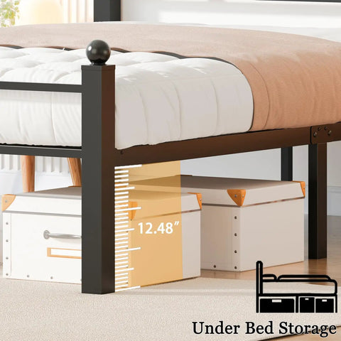 Top Shelf Black Metal Full Bed Frame With Headboard And Steel Slat Base Built Like A Tank For Solid Stability Plus Deep Under Bed Storage, showcasing 12.48" clearance for storage boxes.
