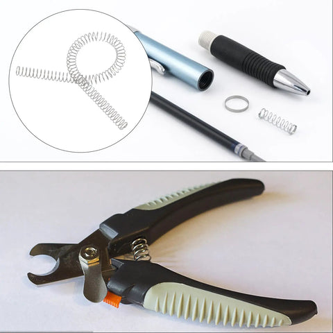 Stainless Steel Compression Springs 0.8 Mm Wire By 10 Mm Outer Diameter Assorted Kit For DIY Repairs And Household Fixes With Nickel Plating Long Lasting Extension For Auto Or Machinery Projects, shown with pliers and pen springs