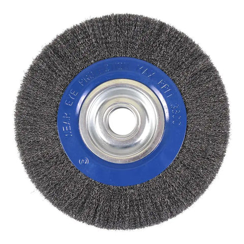 Knockout crimped wire brush attachment for Badass 10 Inch Industrial Bench Grinder, ideal for metal work and polishing.