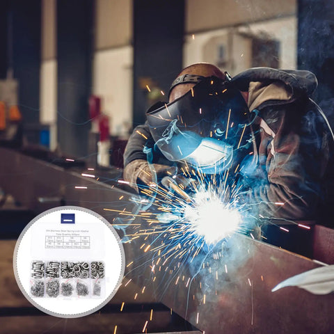 600 Piece Stainless Steel All Purpose Spring Gasket Washer Kit With Lock And Split Washers For Cars Trucks Buses Industrial Equipment Wind Turbines Machinery Marine Rail And More, shown in welding use