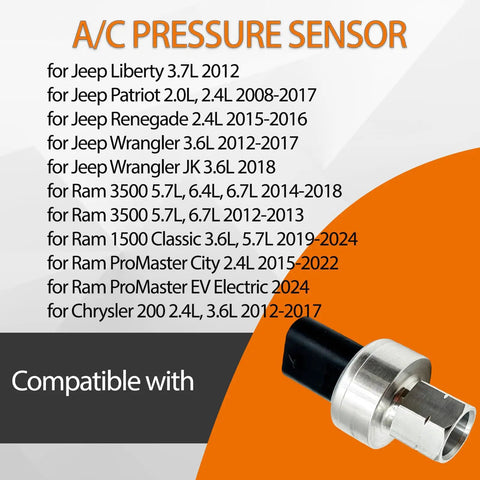 Hella Reliable AC Pressure Sensor Replacement For Dodge Dart Ram 1500 2500 3500 Plug And Play Transducer, silver sensor with black connector.