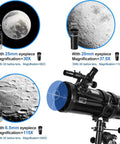 150mm Aperture Reflector Telescope With Manual German Equatorial Mount 750mm Focal Length Includes 5 Color Filters And 3x Barlow Lens Beginner Friendly For Adults Black showing eyepiece options and magnification levels with lunar images and telescope details.