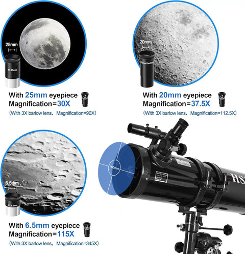 150mm Aperture Reflector Telescope With Manual German Equatorial Mount 750mm Focal Length Includes 5 Color Filters And 3x Barlow Lens Beginner Friendly For Adults Black showing eyepiece options and magnification levels with lunar images and telescope details.