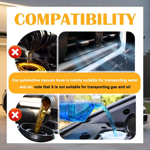 Compatibility chart showing Six Piece Silicone Vacuum Hose Kit for automotive use, highlighting suitability for water and air.