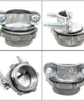 Kyuionty 4-pack 1/2 in zinc clamp cable connectors for metallic conduit; front, side, close-up and installed views