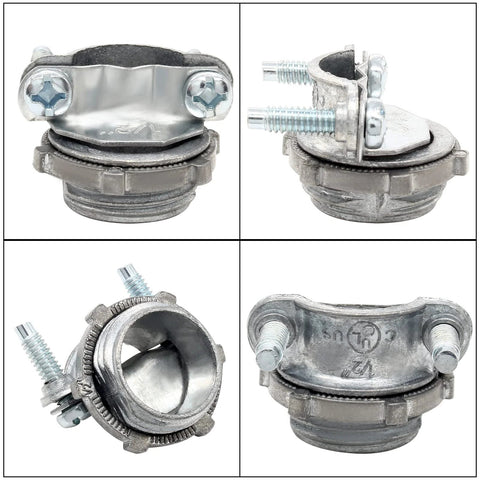Kyuionty 4-pack 1/2 in zinc clamp cable connectors for metallic conduit; front, side, close-up and installed views