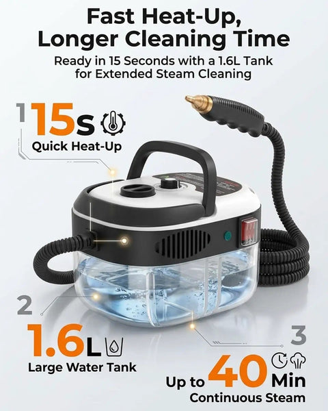 Powerful 2500W Handheld High Temp Steam Cleaner With 15 Second Heat Up, 1.6L Tank, Pressurized Steam For Home, Car, Grout