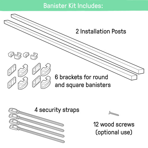 Diagram of Banister To Banister Gate Mounting Kit For Round Or Square Banisters Up To 37 Inches Tall Fits Most Gate Hardware And Pressure Mounted Baby Gates No Fuss Install Gate Sold Separately, showing included components: 2 posts, 6 brackets, 4 security straps, 12 wood screws.