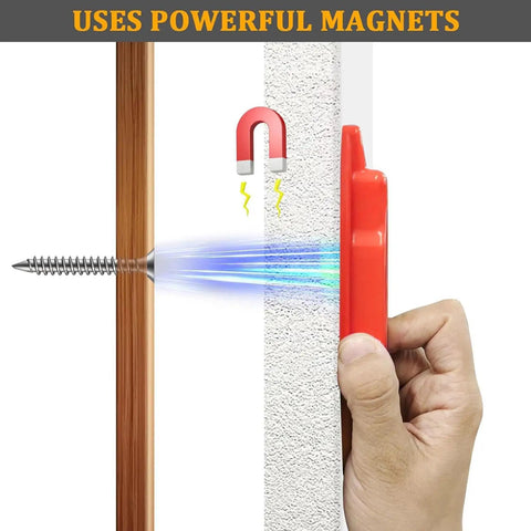 Hand holding FewNvWa Handheld Stud Finders for Wall Metal Detection in Wood And Drywall, Red, detecting screw in drywall.