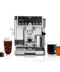 Luxe Café Pro Series 4 In 1 Espresso Machine With Built In Grinder And Integrated Tamper, Hands Free Frother, drinks displayed