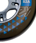 Close-up of 82A inline skate wheel with blue pattern, part of Boost Your Ride With 4 Wheel Pack Of 80mm 82A Booster Wheels For Inline Skates.