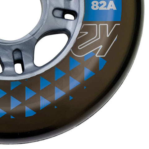 Close-up of 82A inline skate wheel with blue pattern, part of Boost Your Ride With 4 Wheel Pack Of 80mm 82A Booster Wheels For Inline Skates.