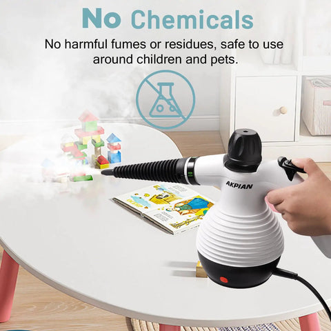 Akpiian Handheld Steam Cleaner For Home Deep Cleaning With 10 Bonus Accessories features a portable design, producing chemical-free hot steam.