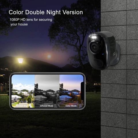 Two Pack Wireless Outdoor Security Cameras With Magnetic Mounts, Battery Powered For Months, on exterior wall at night