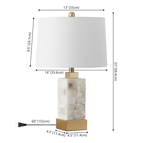 Coastal 23 Inch Gold And White Alabaster Rectangular Table Lamp With Night Light And White Linen Drum Shade Two Light LED Bulbs Included