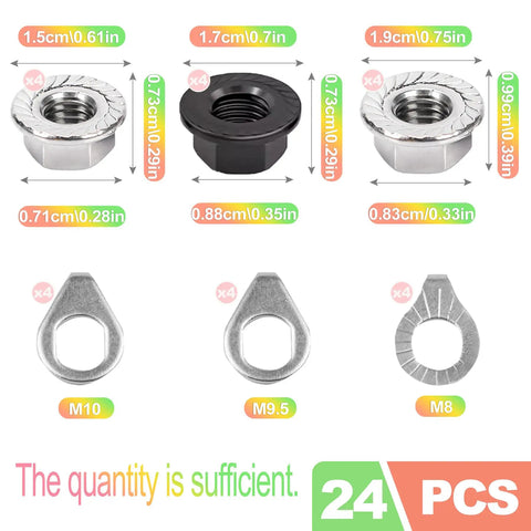 Universal Bike Axle Nut And Washer Kit 24 Pack With M8 M9.5 M10 Replacement Bolts dimensions and quantity