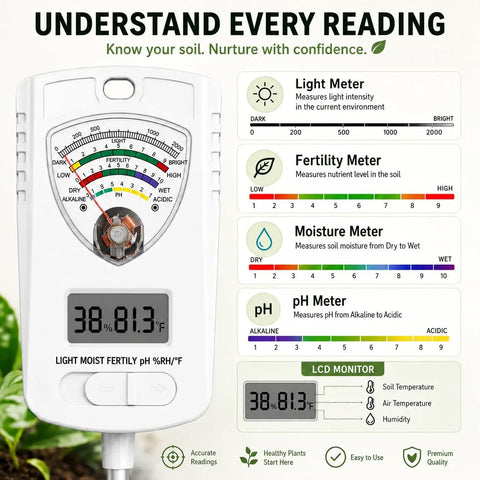 All In One 7 In 1 Soil Tester For Moisture pH Fertility Temperature Humidity And Light Digital Soil Meter For Garden Lawn Farm Indoor And Outdoor Use The Go To Tool For Smart Plant Care, white handheld meter