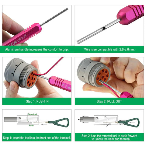 Usage of Deutsch Connector Terminal Removal Tool Set For DT DTM DTP DTHD HD Series Depinning Kit shown in instructional steps