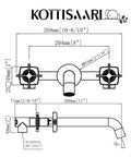 Technical diagram of Wall Mount Tub Filler With Two Cross Handles, Extra Long 11 Inch Spout, Nickel Brushed Finish dimensions shown.