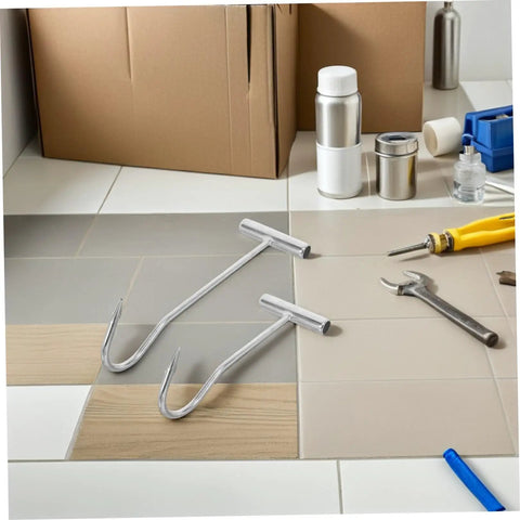 Heavy Duty T Handle Manhole Cover Hooks For Sewer And Septic Tanks Hella Tough Metal Lifters shown on tiled surface.