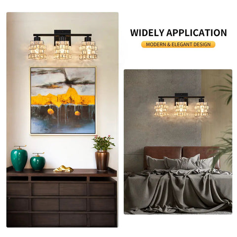 3 Light Crystal Bathroom Vanity Light Fixture Over Mirror Rotatable Matte Black Crystal Indoor Wall Lights in room settings