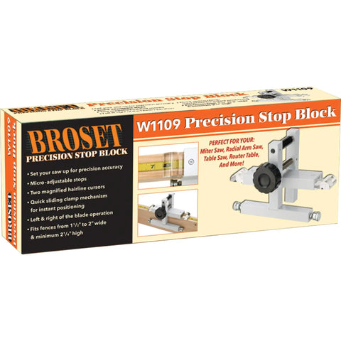Broset Precision Stop Block W1109 for crosscuts on miter saws and radial arms, tablesaws, routers and shapers, product packaging.