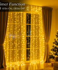 200 LED Curtain String Lights 9.8 By 6.6 Feet Plug In Fairy Lights With Timer in cozy living room setting with Christmas tree