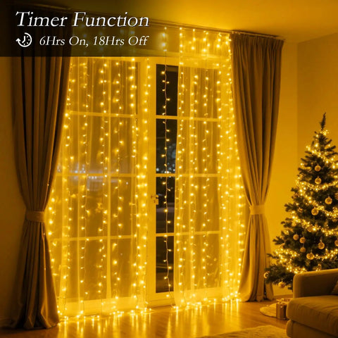 200 LED Curtain String Lights 9.8 By 6.6 Feet Plug In Fairy Lights With Timer in cozy living room setting with Christmas tree