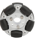 Front view of a 60mm aluminium alloy robot omni wheel with six black rollers around a central hub.
