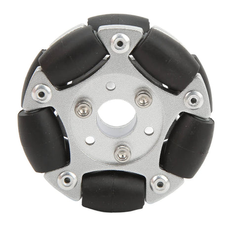 Front view of a 60mm aluminium alloy robot omni wheel with six black rollers around a central hub.