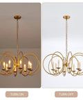 Modern Chandelier With Antique Brass Brush Finish And Geometric Shade, 8 Gold Ring Pendant Light Fixture on and off view