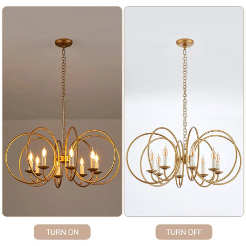 Modern Chandelier With Antique Brass Brush Finish And Geometric Shade, 8 Gold Ring Pendant Light Fixture on and off view
