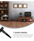 Interior view with TV, shelves, and highlighted Zinc Plating T Shape Hinges Four Pack Built To Last Heavy Duty Iron Gate Door Hinge Set Rustproof And Quiet Triangle Shed Hinges With Six Mounting Holes Black 6 Inch For Home Projects.