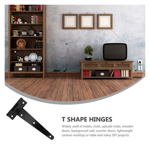 Interior view with TV, shelves, and highlighted Zinc Plating T Shape Hinges Four Pack Built To Last Heavy Duty Iron Gate Door Hinge Set Rustproof And Quiet Triangle Shed Hinges With Six Mounting Holes Black 6 Inch For Home Projects.