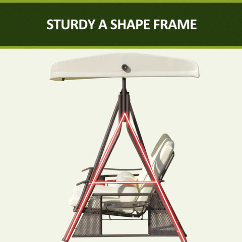 Side view of Two Person Patio Swing Bench With Adjustable Shade Canopy Cushions Throw Pillows And Tray Beige Outdoor Seating