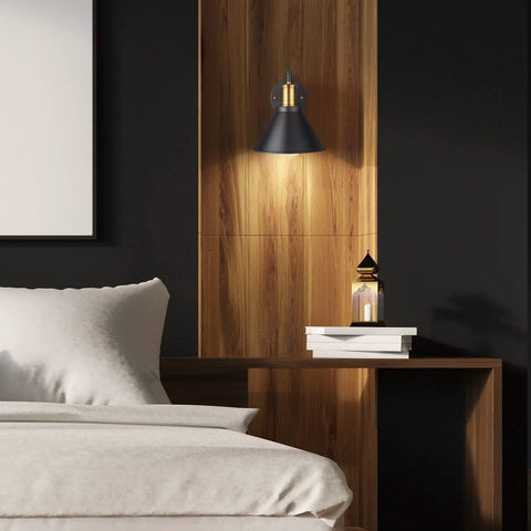 Adjustable Swing Arm Wall Sconce With Plug In Cord And On Off Switch Industrial Bronze Black Finish in a modern bedroom setting