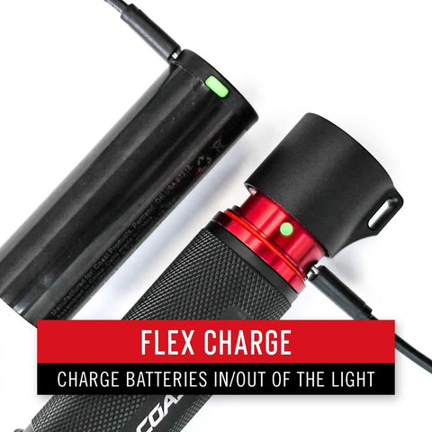 Rechargeable LED Flashlight With Slide Focus 300 Lumen Long Range Beam In A Compact Green Finish shown charging battery