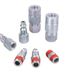 Heavy Duty Industrial One Quarter Inch NPT Air Tool Coupler And Plug Kit 7 Piece Set Zinc Plated Steel 300 PSI Max