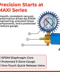 LeLuv Maxi manual vacuum pump in blue with brass nozzle and protected analog pressure gauge.