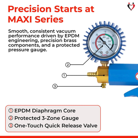 LeLuv Maxi manual vacuum pump in blue with brass nozzle and protected analog pressure gauge.