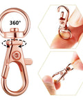 Heavy Duty 100 Piece Swivel Clasp Kit With Snap Hooks And Keychain Rings For Jewelry Making showing a 360° rotatable metal clasp.