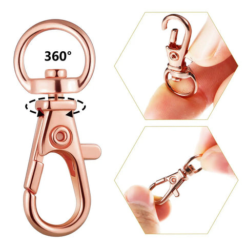 Heavy Duty 100 Piece Swivel Clasp Kit With Snap Hooks And Keychain Rings For Jewelry Making showing a 360° rotatable metal clasp.